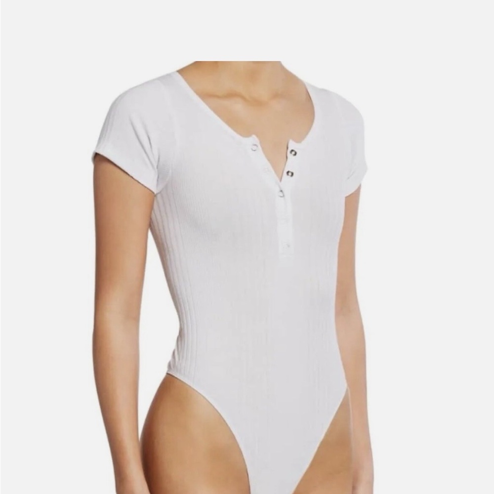 Re/Done White Henley Buttoned Ribbed Bodysuit
